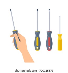 Human hand holds screwdriver. Flat illustration of male hand with builder and construction tool and screwdrivers with cross and flat heads. Vector design element set isolated on white background.