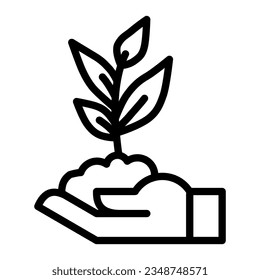 Human hand holds seedling with leaves line icon, agriculture concept, sprout with handful of soil on hand sign on white background, palm plant icon outline style. Vector graphics.