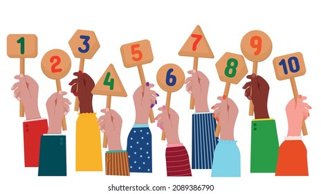 A human hand holds a sign with numbers, the number of points, voting, evaluation of the result.Vector illustration.