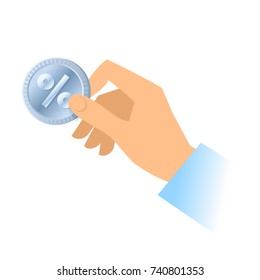 A human hand holds a silver coin with percent sign. Money, discount, cashback, percentage, donation, business concept. Flat illustration of hand holding percent coin. Vector material design element.