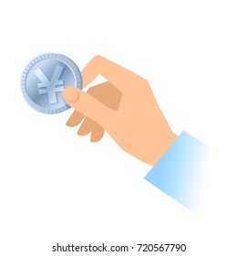 A human hand holds a silver yen coin. Money, banking, online payment, buying, cash currency, donation, business concept. Flat illustration of hand holding yen. Vector material design element.