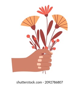 Human hand holds a simple bouquet of flowers. Gift, flower arrangement with buds and twigs. A symbol of love, romance, thankfulness. Boho Valentine's day. Color vector illustration isolated o white.