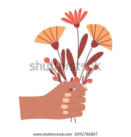 Human hand holds a simple bouquet of flowers. Gift, flower arrangement with buds and twigs. A symbol of love, romance, thankfulness. Boho Valentine's day. Color vector illustration isolated o white.