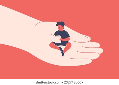 Human hand holds small boy with care and love. Male child sits on a big palm and reads the book. Support about gifted children and elementary education. Taking care about kids. Vector illustration