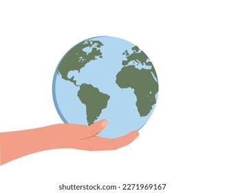La mano humana mantiene al pequeño globo terrestre con amor y cuidado. Concepto de movimiento ecológico y responsabilidad por la naturaleza. Planeta verde en el brazo. Salvando el planeta cartoon ilustración vectorial.