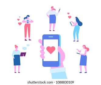 Human hand holds smart phone. Love chatting. Flat illustration of people using gadgets. Communication and love via Internet, social networking, chatting. Flat vector.