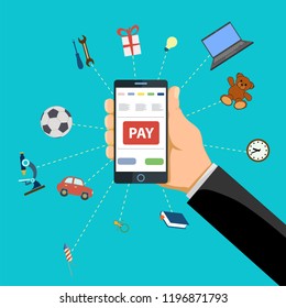Human hand holds smart phone with pay button on the screen. Stock vector illustration.
