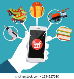 Human hand holds smart phone with shop basket icon on the screen. Vector illustration of online shopping concept. Buying online with mobile phone with a lot goods icons in flat cartoon style.