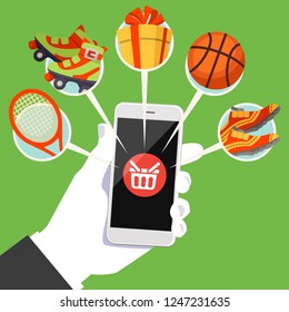 Human hand holds smart phone with shop basket icon on the screen. Vector illustration of online shopping concept. Buying online with mobile phone with a lot goods icons in flat cartoon style.