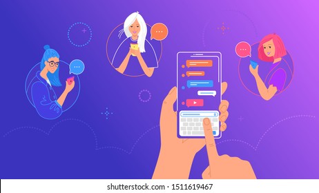 Human hand holds smart phone with messenger app and keyboard on screen. Gradient vector illustration of people using mobile smartphone texting messages for group of girl friends via messenger app