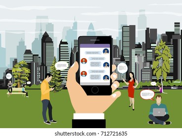 Human hand holds smart phone with messenger app. Flat illustration of people using gadgets walking outdoors in the park. Young people texting messages via messenger using smartphone in the park