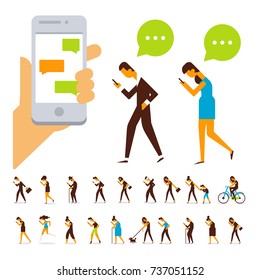Human hand holds smart phone with messenger app.Vector character design of people holding phone to read messages. Side view. Flat concept illustration of people addiction to networks.
