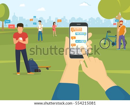 Human hand holds smart phone with messenger app. Flat illustration of people using gadgets walking outdoors in the park. Young people texting messages via messenger using smartphone in the park