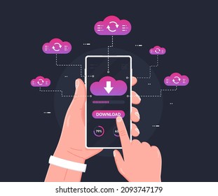 Human hand holds smartphone with cloud, arrows and progress bar on the screen. Cloud data storage.