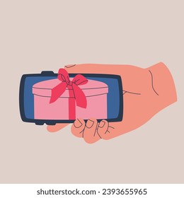 Human hand holds smartphone horizontal. Receiving gifts on web page or mobile phone app. Vector isolated illustration for design.