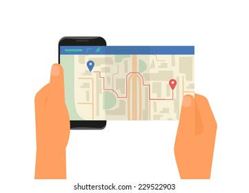Human hand holds smartphone with mobile app for gps navigation