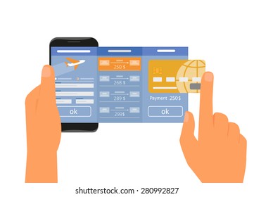 Human hand holds smartphone with mobile app for booking air passage to airplane online via internet. Vector illustration isolated on white. Text outlined