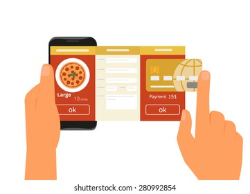 Human hand holds smartphone with mobile app for ordering pizza. Text outlined