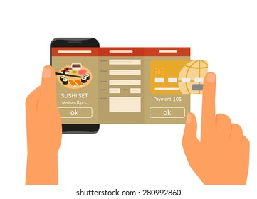 Human hand holds smartphone with mobile app for ordering sushi. Text outlined