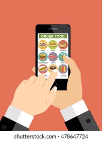 Human hand holds smartphone with mobile app for ordering food. Order fast food concept. Flat vector illustration.