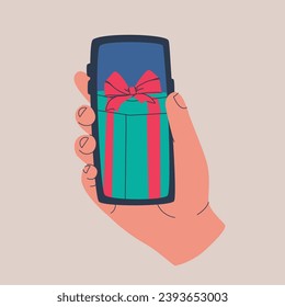 Human hand holds smartphone. Receiving gifts on web page or mobile phone app. Vector isolated illustration for design.