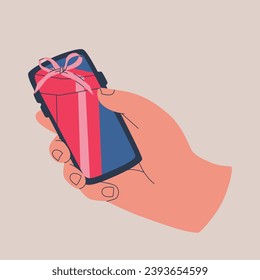 Human hand holds smartphone. Receiving gifts on web page or mobile phone app. Vector isolated illustration for design.