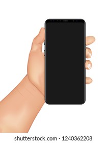 Human hand holds smartphone . vector template . Mobile blank screen . Realistic illustration . Isolated on white background . Eps10