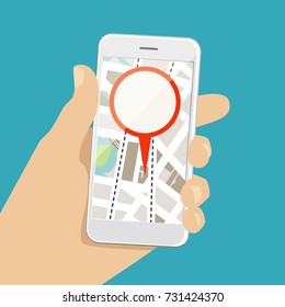 A human hand holds a smartphone. Vector illustration of a smartphone with a city map and a marker in a man hand. Modern phone in the palm of your hand. Infographics for flat design and presentations