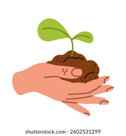 A human hand holds the soil with a sprout. A seedling in the ground. The concept of environmental protection. Vector illustration in flat style, isolated on a white background