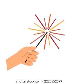 Una mano humana sostiene a un destello. El concepto de vacaciones y vacaciones de Año Nuevo. Ilustración vectorial en estilo plano.