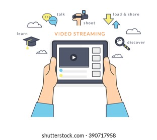 Human hand holds a tablet pc and watching a video online on the screen. Flat line contour illustration of online video streaming using mobile app to learn, talk and publish own video content