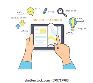 Human hand holds a tablet pc and reading ebook on the screen. Flat line contour illustration of online reading book and learning with symbol such as talk and share, read and imagine