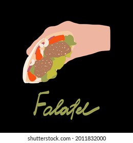 Human Hand Holds Tasty Vegan Falafel Wrapped In Pitta Bread With Hand Drawn Text Falafel. Isolated Colorful Vector Illustration On Black Background