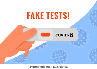 Human Hand Holds Test For Coronavirus 2019. Fake Test Text. On Blue Gradient Background, Flat Vector Illustration.