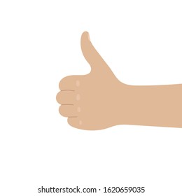 The human hand holds the thumb up.A sign of agreement, approval, and better choice.Flat vector illustration.Isolated on a white background