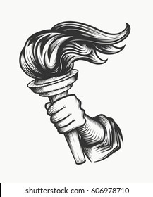 Human Hand holds a torch. Liberty symbol in engraving style good for tattoo or emblem design. Isolated on white.
