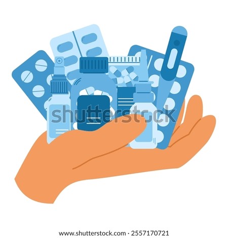 Human hand holds various pills and medicine bottles. Health vitamins. Medical care. Pharmacy treatment

