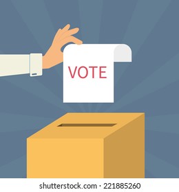 Human hand holds a voting paper over container