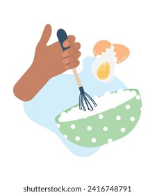 A human hand holds a whisk and beats the dough in a bowl. The egg is broken into a bowl. Prepare and mix ingredients. Bakery design element. Simple vector illustration on white background.