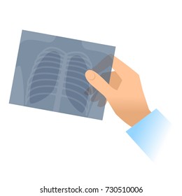 Human hand holds x-ray image of lung. Flat illustration of doctor's hand holding radiograph. Medicine, medical exam and diagnosis concept. Vector design elements isolated on white background.