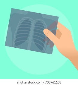 Human hand holds x-ray image of lung. Flat illustration of doctor's hand holding radiograph. Medicine, medical exam and diagnosis concept. Vector design elements for web, internet, presentation