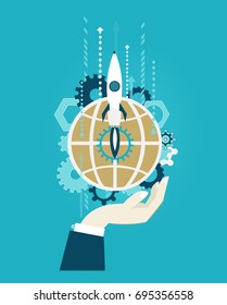 Human hand holing the starting rocket. Business and innovation concept of launching.