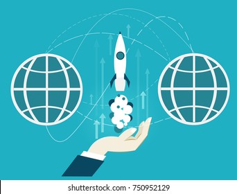 Human hand holing the starting rocket. Business and innovation concept of launching.