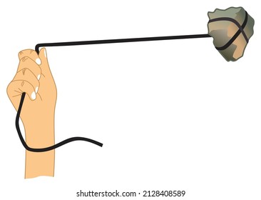 Human Hand Hovering A Rope Tied To Stone Flat Design Vector Drawing Circle Movement Of Object Icon Sign Logo Cartoon Abstract Art Concept Scree Circular Motion Throw Shoot Hunt Slingshot Illustration