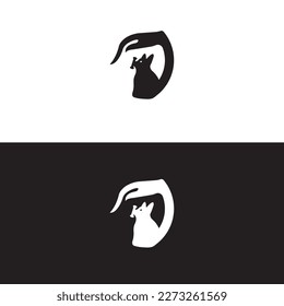Human hand hugs cat in negative space logo vector icon illustrstion