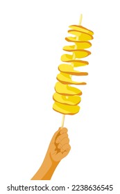 Human hand with hweori gamja on stick. Korean street food twisted spiral chips tornado potato. Asian food snack. For banner menu promotion. Vector illustration.