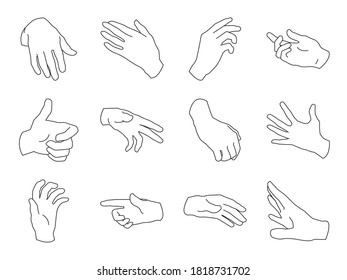 Colección de iconos de la mano humana. Diferentes manos, gestos, señales y signos. Ilustración vectorial.