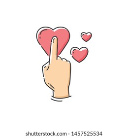 Human hand icon with finger pressing a heart button. Flat logo for medical charity campaign or social media like tap gesture or screen touch click symbol - isolated vector illustration