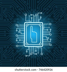 Human Hand Icon On Chip Over Blue Circuit Motherboard Background Vector Illustration