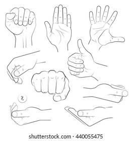 Human Hand Icon Various Gestures, Sketch Thumbs Up Knuckles Outline
